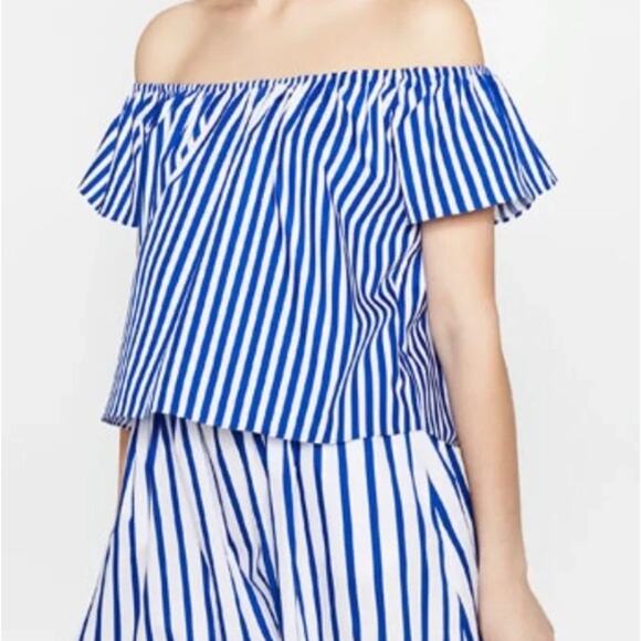 Zara Women's Blue White Striped Off the Shoulder Top Size Small Coastal Minimal - Picture 1 of 10
